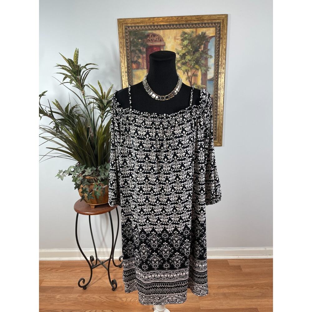 Tacera Shift Dress Women's XL White Black Mediterranean Romantic Goth Resortwear